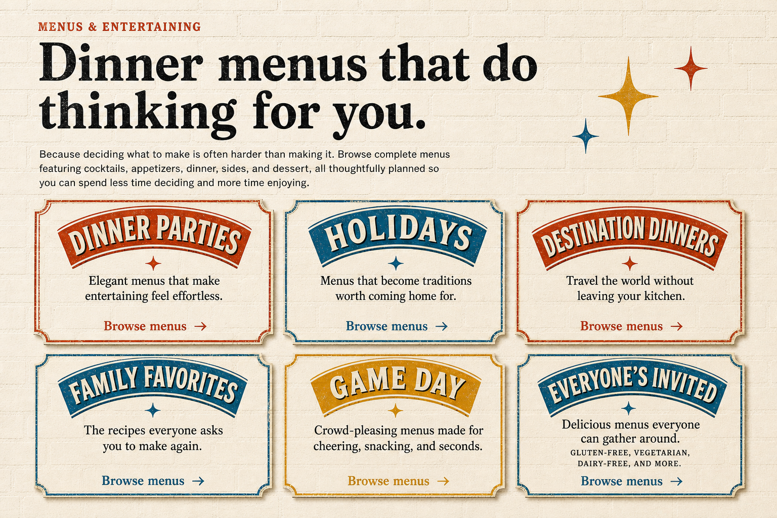 Menus and Entertaining section mural with six painted menu cards