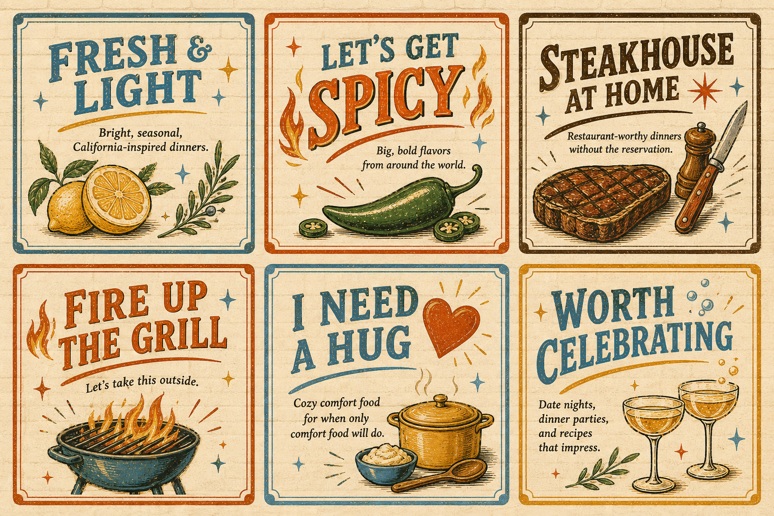 Six mural-style recipe mood panels: Fresh and Light, Let's Get Spicy, Steakhouse at Home, Fire Up the Grill, I Need a Hug, and Worth Celebrating.